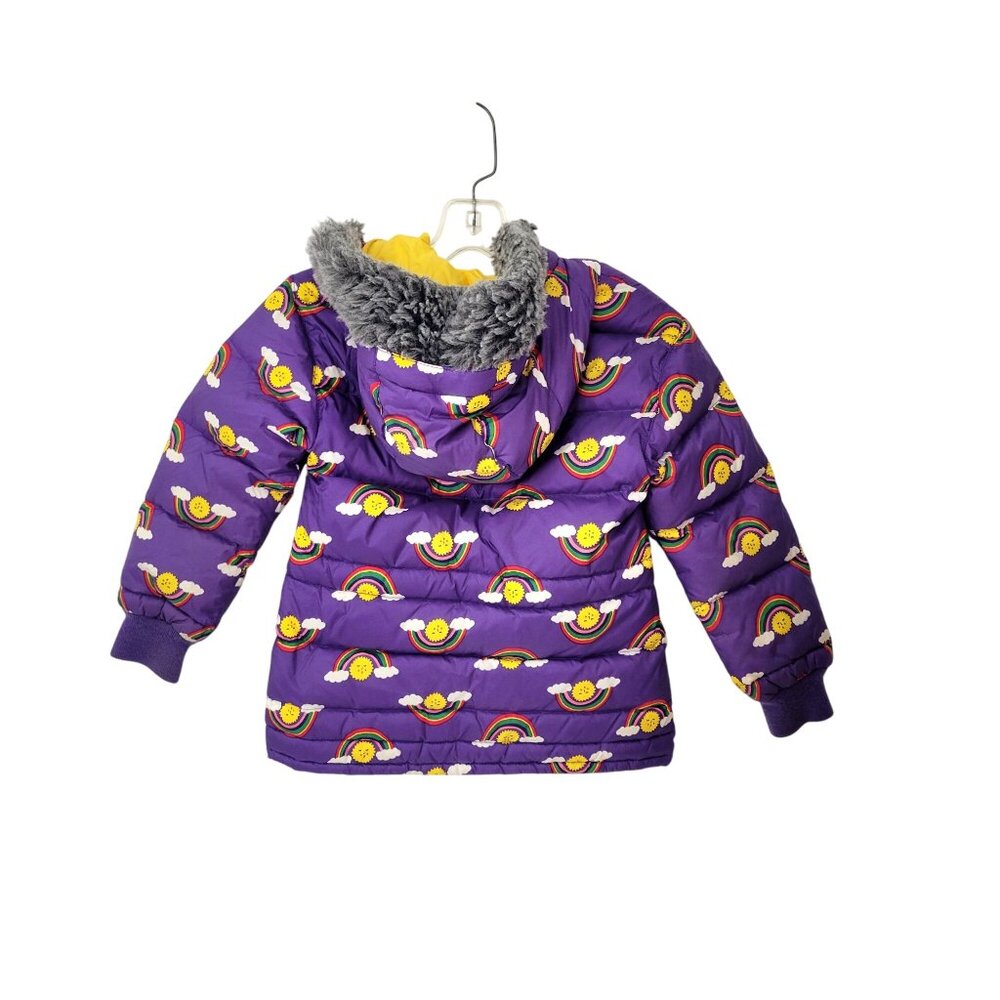Hanna Andersson Girls Purple Rainbow Puffer Jacket W/ Faux Fur Hood Size 5 - Picture 2 of 6